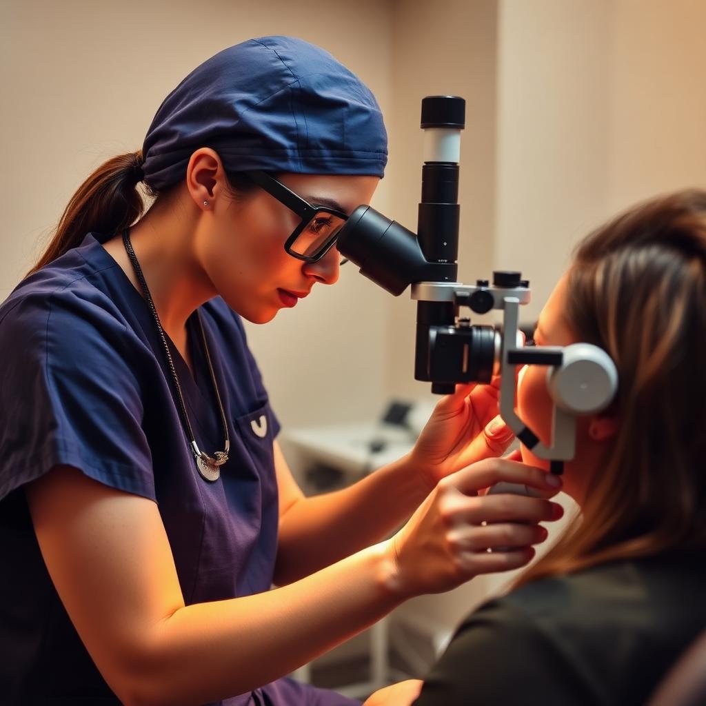 Ms Tahmina Pearsall examining a patient with a slit-lamp biomicroscope